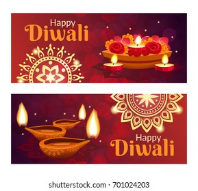 Beautiful happy diwali horizontal banners set with accessories for holiday realistic isolated vector illustration