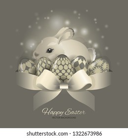 Beautiful Happy Easter card with bunny, eggs and ribbon. Spring holidays in April. Gift. Egg hunt Sunday. Vector background. Element for celebratory design. 