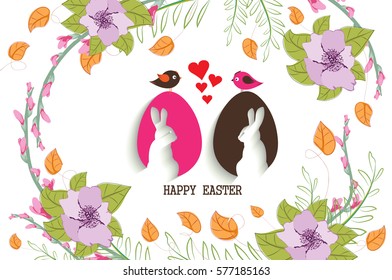 Beautiful happy Easter card with bunny and floral wreath