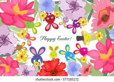 Beautiful happy Easter card with bunny and floral wreath