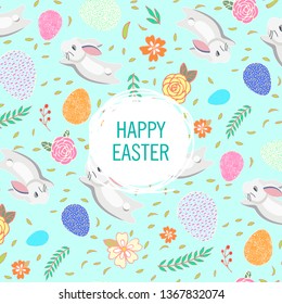 beautiful happy easter card. eggs rabbits and flowerspattern