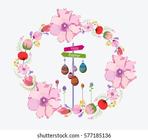 Beautiful happy Easter card with floral wreath