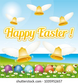 Beautiful Happy Easter greeting card with easter eggs and bells. Vector illustration.