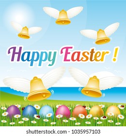 Beautiful Happy Easter greeting card with easter eggs and bells. Vector illustration III.