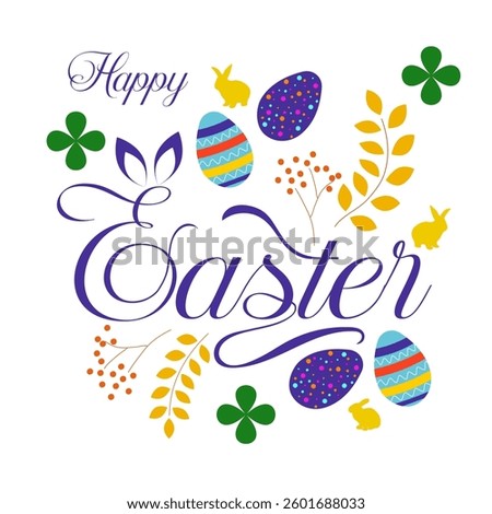 Beautiful Happy Easter illustration with decorative eggs, floral elements, and bunny silhouettes on a white background, perfect for greeting cards, social media posts, and festive designs.