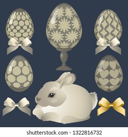 
Beautiful happy easter set with bunny, eggs and ribbon. Spring Break in April. Present. Egg hunt on Sunday. Vector background еlement for festive design. Vintage Jewelry