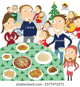 
Beautiful happy family gathered around the table with Portuguese Christmas sweets. vector Illustration.