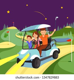 Beautiful Happy Family Riding By Cart On Golf Course At Night Time. Mom, Dad And Little Son Driving Sport Car With Lighting Headlights. Country Sports Club Or Resort. Cartoon Flat Vector Illustration.