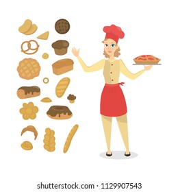 Beautiful happy female baker standing with a fruit pie. Set of fresh bakery products. Bread, cookies, baguette and other baked goods. Isolated vector illustration in cartoon style