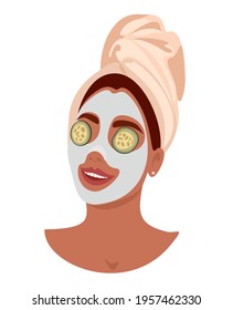 Beautiful happy female face . Young adult woman with spa face mask in bath towel. Skin care relaxing with cucmber slices on eyes. Flat vector illustrations set on white background.