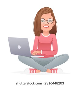 Beautiful happy girl in glasses sits cross-legged with a laptop on her lap. White slender woman sits in a lotus position on the floor and works at a personal computer. Vector illustration 