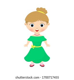 Beautiful happy girl in a green dress on a white isolated background. Vector children's illustration. Cartoon style. Character design for postcards, books, stores and posters.