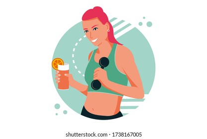 Beautiful happy girl in the gym with dumbbell and glass of fresh juice. Modern flat vector concept of attractive sportswoman. Healthy lifestyle illustration.