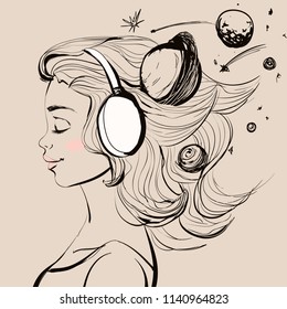 Beautiful happy girl with headphones on her head, stars and moon. Vector space style illustration.