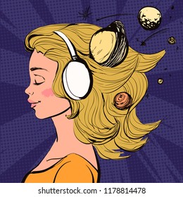 Beautiful happy girl with headphones on her head, stars and moon. Vector space comics colorful illustration.