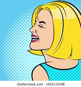 Beautiful, happy girl laughs. Smile. Happiness. Drawn in the style of pop art. Vector. Retro