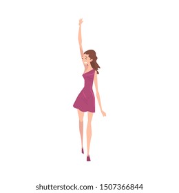 Beautiful Happy Girl in Purple Short Dress Standing and Rising Her Hand Vector Illustration
