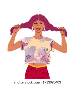 A beautiful happy girl shows tongue. A funny woman in a good mood holds her hair, two pigtails. Bright colors, illustration isolated on a white background.