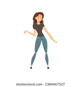 Beautiful Happy Girl Wearing Black T-shirt and Jeans Vector Illustration