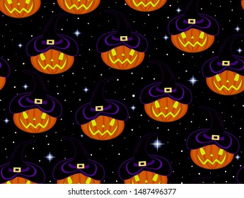 Beautiful Happy Halloween vector seamless  pattern with hand drawn pumpkins in hats and shining stars