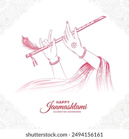 Beautiful happy janmashtami with lord krishna hand playing bansuri sketch festival design