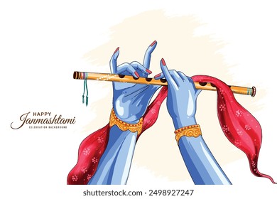 Hermosa feliz janmashtami con la mano del señor krishna que juega el diseño del festival bansuri