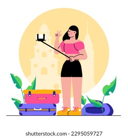 Beautiful happy lady came to visit new city, holding mobile phone and taking selfie. Young video blogger came to new country, shoot video near attractions. Vector illustration in flat design