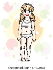 Beautiful happy little blonde girl in underwear posing on colorful backdrop with bubbles and circles. Vector attractive kid illustration.