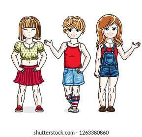 Beautiful happy little girls posing wearing casual clothes. Vector kids illustrations set.