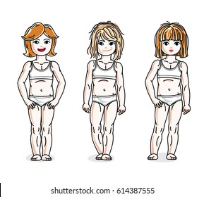 Beautiful happy little girls posing in white underwear. Vector set of beautiful kids illustrations.