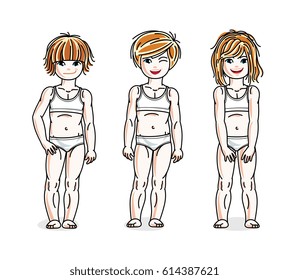 Beautiful happy little girls posing in white underwear. Vector set of beautiful kids illustrations.