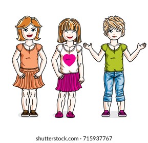 Beautiful happy little girls posing wearing casual clothes. Vector kids illustrations set.