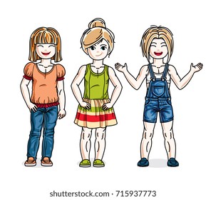 Beautiful happy little girls posing wearing fashionable casual clothes. Vector kids illustrations set.