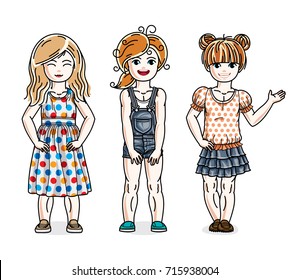 Beautiful happy little girls posing wearing fashionable casual clothes. Vector kids illustrations set. Childhood and family lifestyle cartoons.