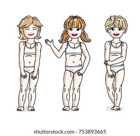 Beautiful happy little girls posing in white underwear. Vector set of beautiful kids illustrations.