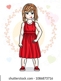 Beautiful happy little red-haired girl in stylish casual clothes posing on colorful backdrop with romantic hearts. Vector illustration of attractive kid.