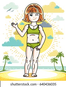 Beautiful happy little redhead girl posing on tropical beach with palms. Vector attractive kid illustration wearing swimming suit.