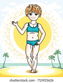 Beautiful happy little redhead girl posing on tropical beach with palms. Vector attractive kid illustration wearing swimming suit.