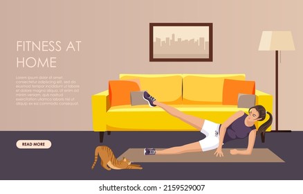 Beautiful Happy Long Brown Hair Woman Practice Fitness, Sport Exercise Home, Room Yellow Sofa. Sporty Healthy Active Girl Pony Tail, Yoga Mat Lift Leg Look Cute Red Cat Stretching. Vector Illustration