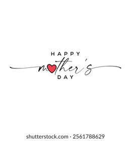 Beautiful 'Happy Mother's Day' typography design with elegant script font and a red heart replacing the 'o' in 'mother's.' Features flowing calligraphy lines on a clean white background, perfect for c