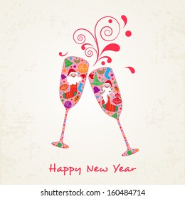 Beautiful Happy New Year 2014 celebration concept with colorful wine glasses in toasting gesture with floral splash on abstract background. 	
