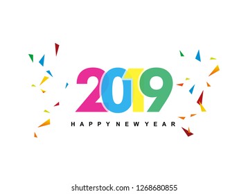 Beautiful Happy New Year 2019 text design with colour number. Vector gretting on white background. Template design