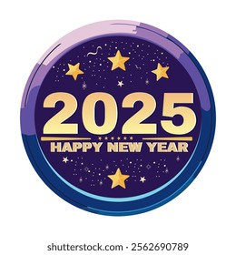 Beautiful Happy New Year 2025 Text and Confetti in Round Frame in Blue and Purple Vector Illustration.