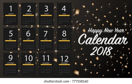 beautiful happy new year calendar 2018 with gold confetti falling on black color background for design element concept
