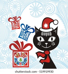Beautiful happy new year card with cute cat and gifts. Vector illustration.