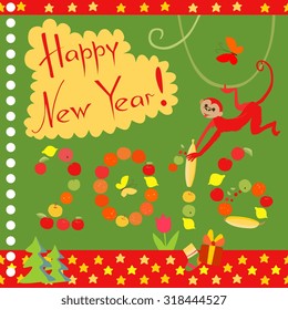 Beautiful Happy New Year greeting card with cute monkey, who put fruits in the digits 2016. Vector illustration. 