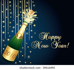 Beautiful Happy New Year vector illustration with champagne bottle.