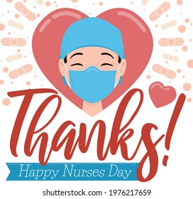 Beautiful and happy nurse, inside a heart and medical plasters around it receiving gratitude during Nurses Day.