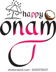 Beautiful "Happy Onam" calligraphy design in traditional Kerala festive style. Perfect for use in Onam greeting cards, social media posts, posters, and cultural artwork.