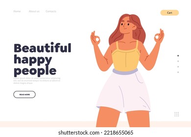 Hermoso concepto de gente feliz de página de inicio con símbolo de show de chica ok, mujer con gesto positivo, satisfecho emoción alegre femenina emocionada, aprobación, lenguaje corporal. Ilustración vectorial de dibujos animados